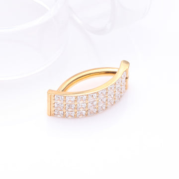 Detail View 1 of Implant Grade Titanium Golden Square Triple Gem Lined Curved Bar Belly Clicker-Clear Gem
